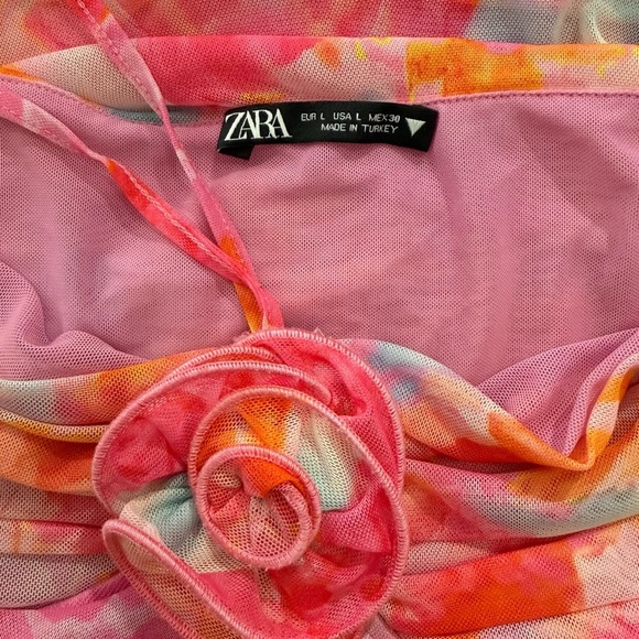 Zara Blogger Favorite Printed Tulle Floral Halter Sheer Dress, Pink Orange sz L - Picture 8 of 10